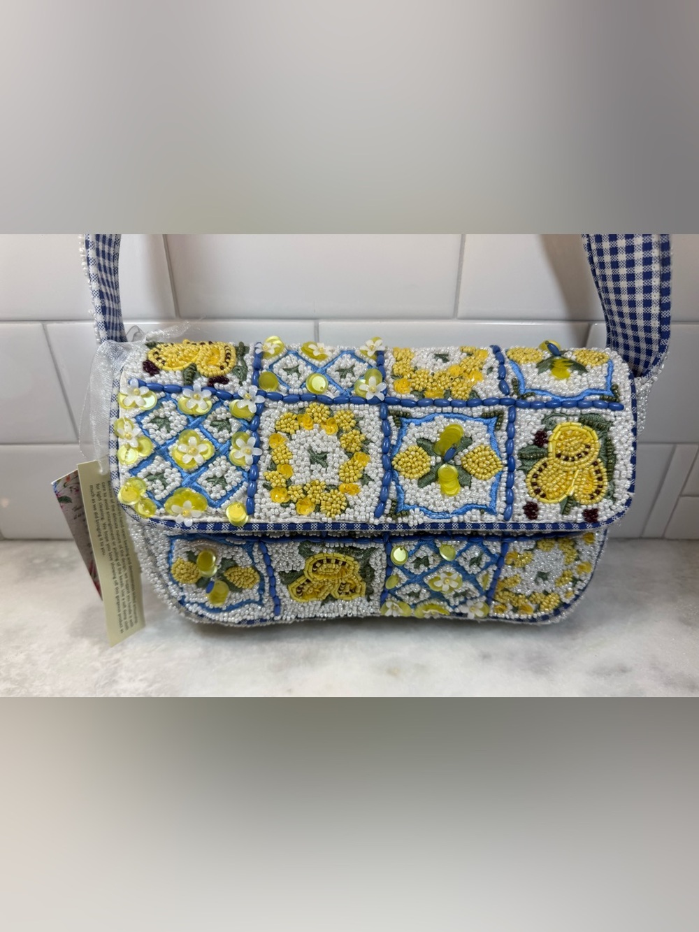 NEW!!! TikTok Viral Yellow and Blue Lemon Toile Tile Beaded Bag Checked